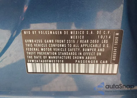 2015 Volkswagen Golf Tdi S 4-Door z USA, uszkodzony, nr VIN 3VW2A7AU0FM037018